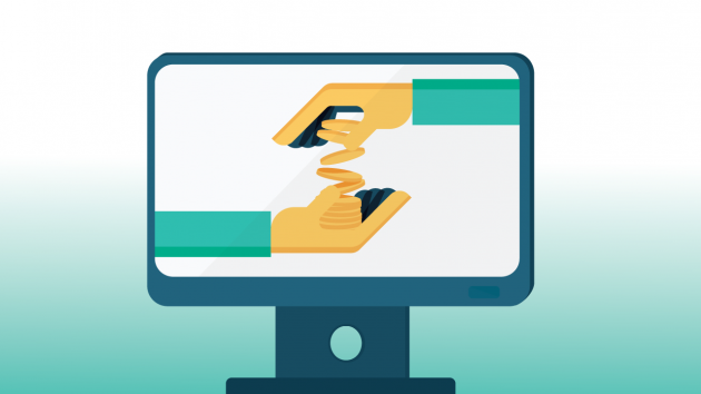 An illustration of a hand dropping coins into another hand.