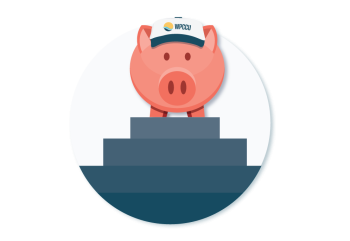 A piggy bank at the top of a flight of stairs. 
