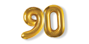 Two balloons, one in the shape of a "9" and another in the shape of a "0".