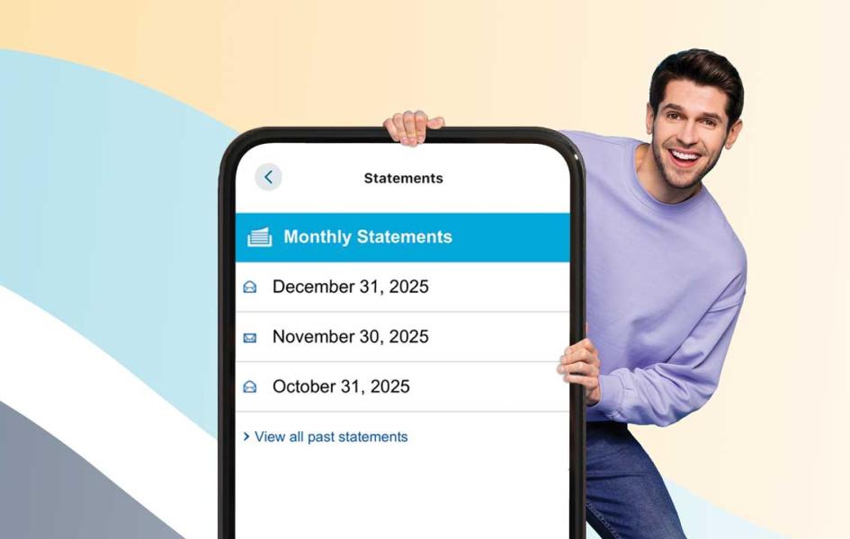 Person with a giant smartphone, the screen displays a list of monthly eStatements