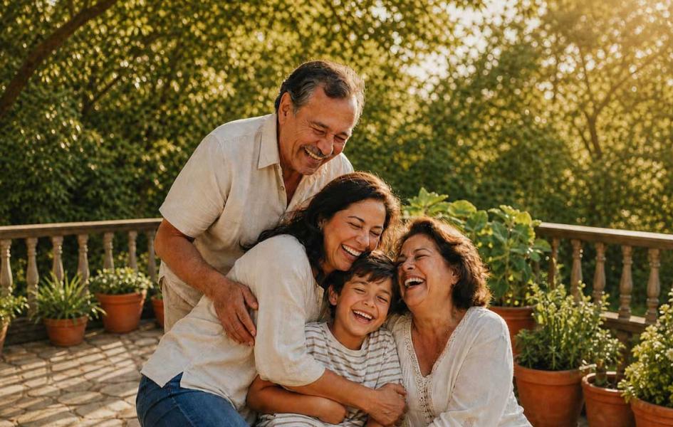 Multi-generational family members embracing each other