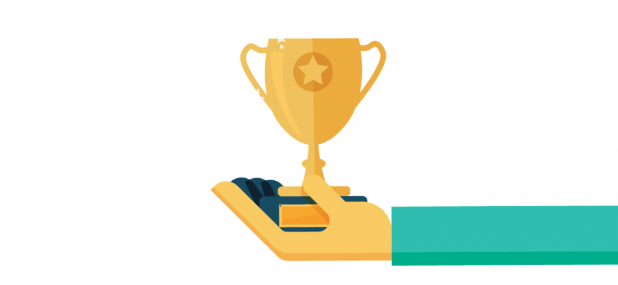 An illustration of a hand holding a trophy.