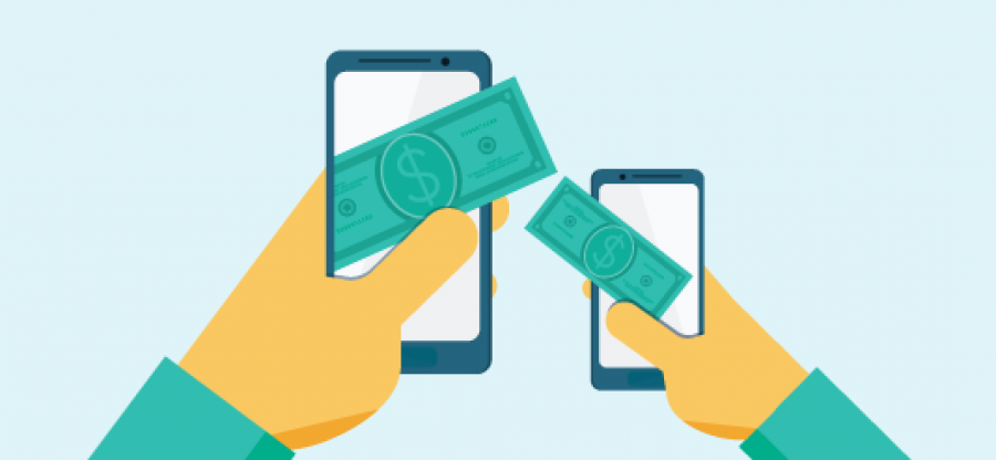 An illustration of a smartphone transferring money to another phone.