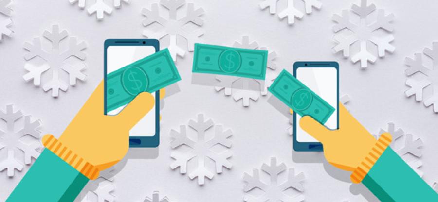 An illustration of two hands holding smartphones. Dollar bills are flying from one phone into the other.